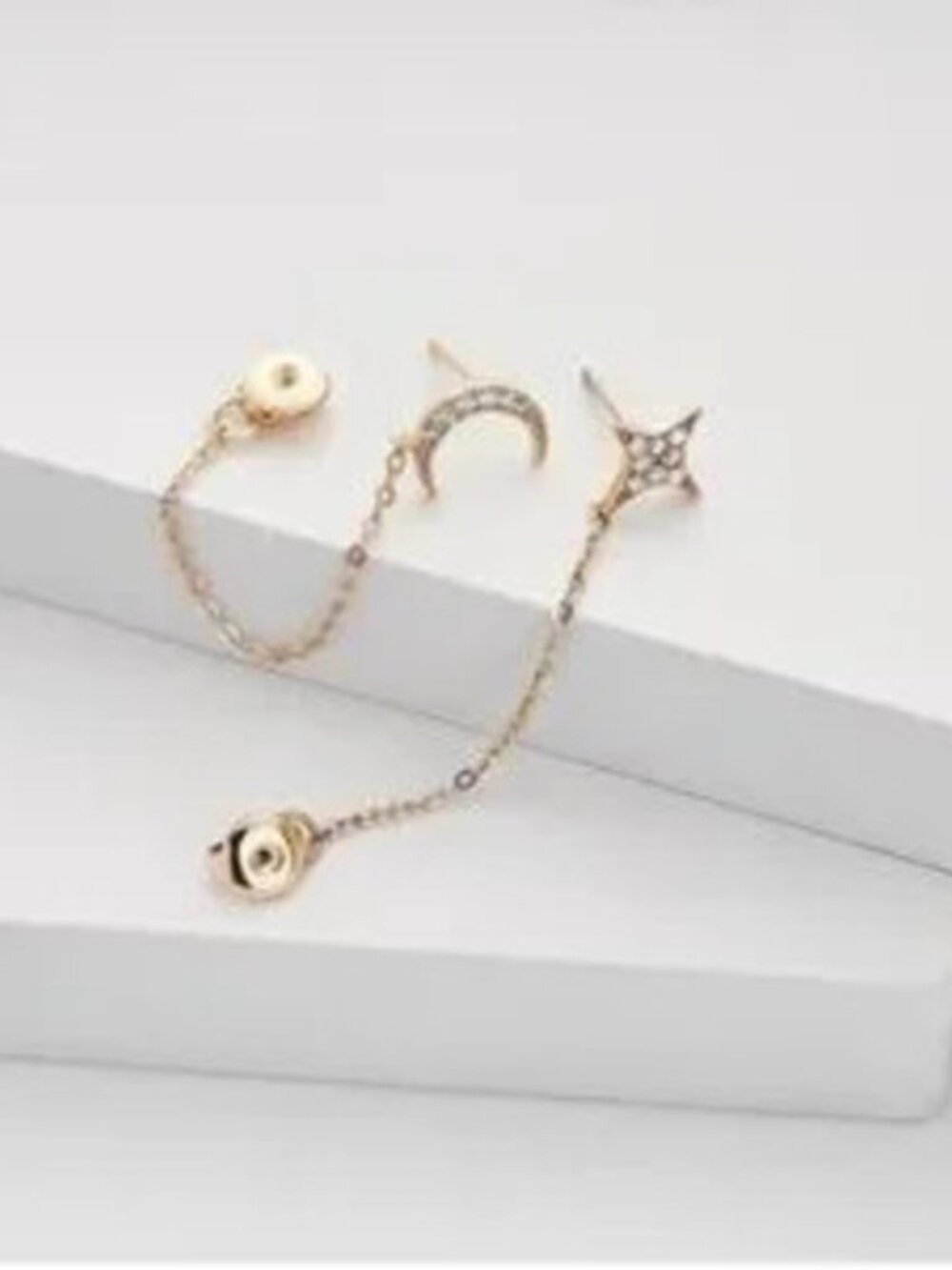 Gold 14k Gold Plated CZ Star Moon Linked Chain Earring Set